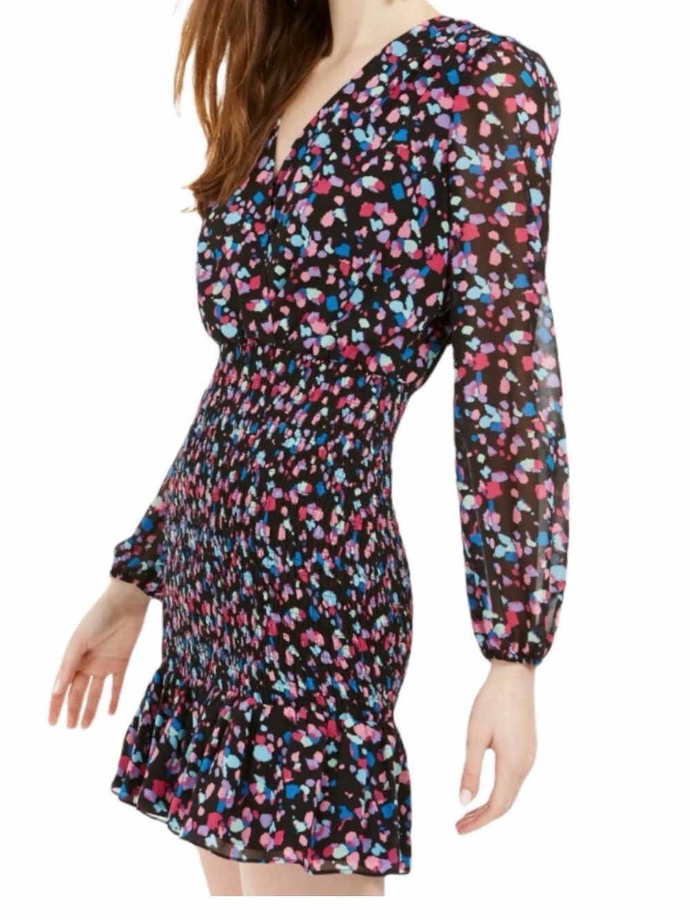 Leyden Women's Black Multi-Color Smocked Waist Mini Dress Sz M